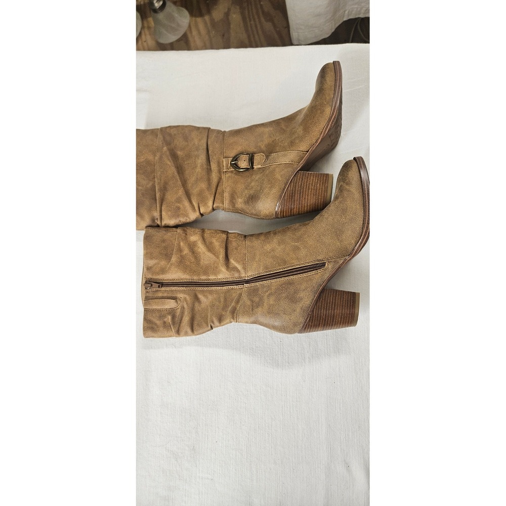 Baretraps Cheyenne Tan Brown Slouchy Mid Calf Buckle Block Heel Boots Womens 6M